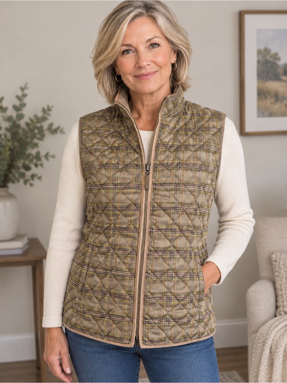 Carole Little Reversible Plaid Vest in Green and Tan